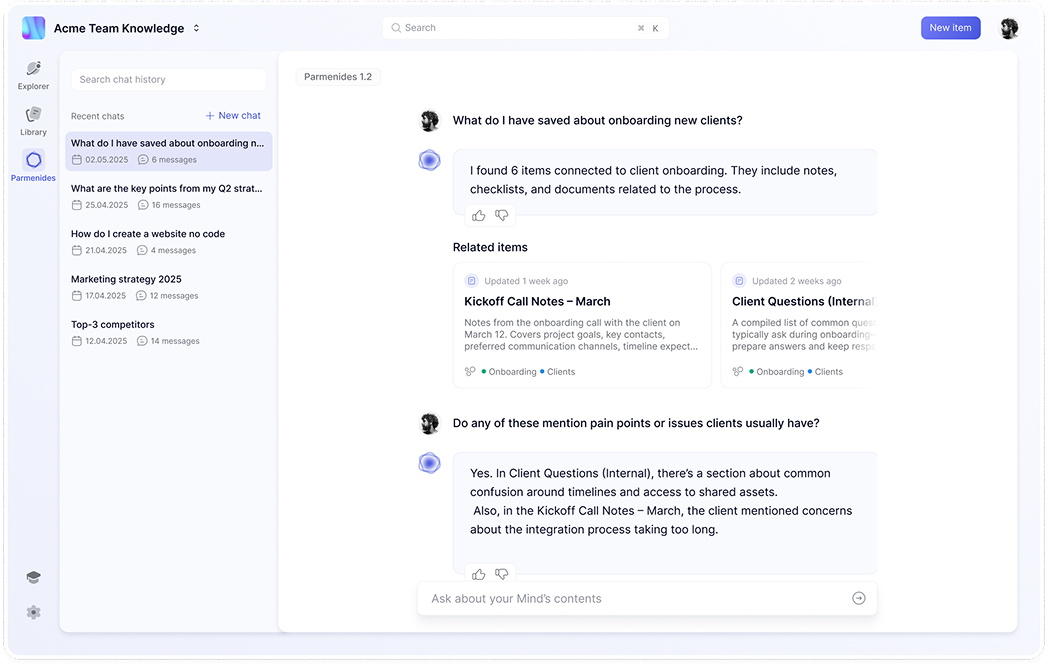 Chat history showing business conversations with Parmenides